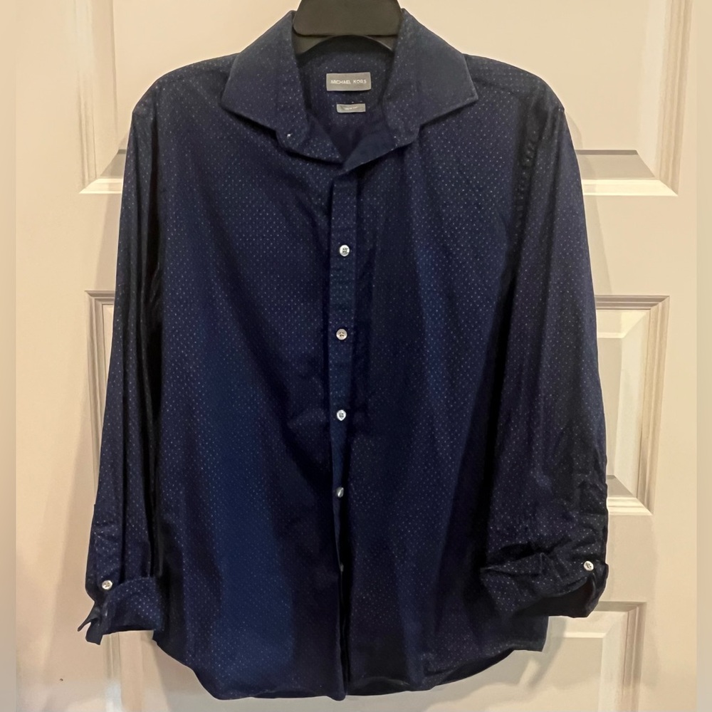 Michael Kors Men’s Slim-Fit Navy Printed Long Sleeve Button-Up Shirt Size M